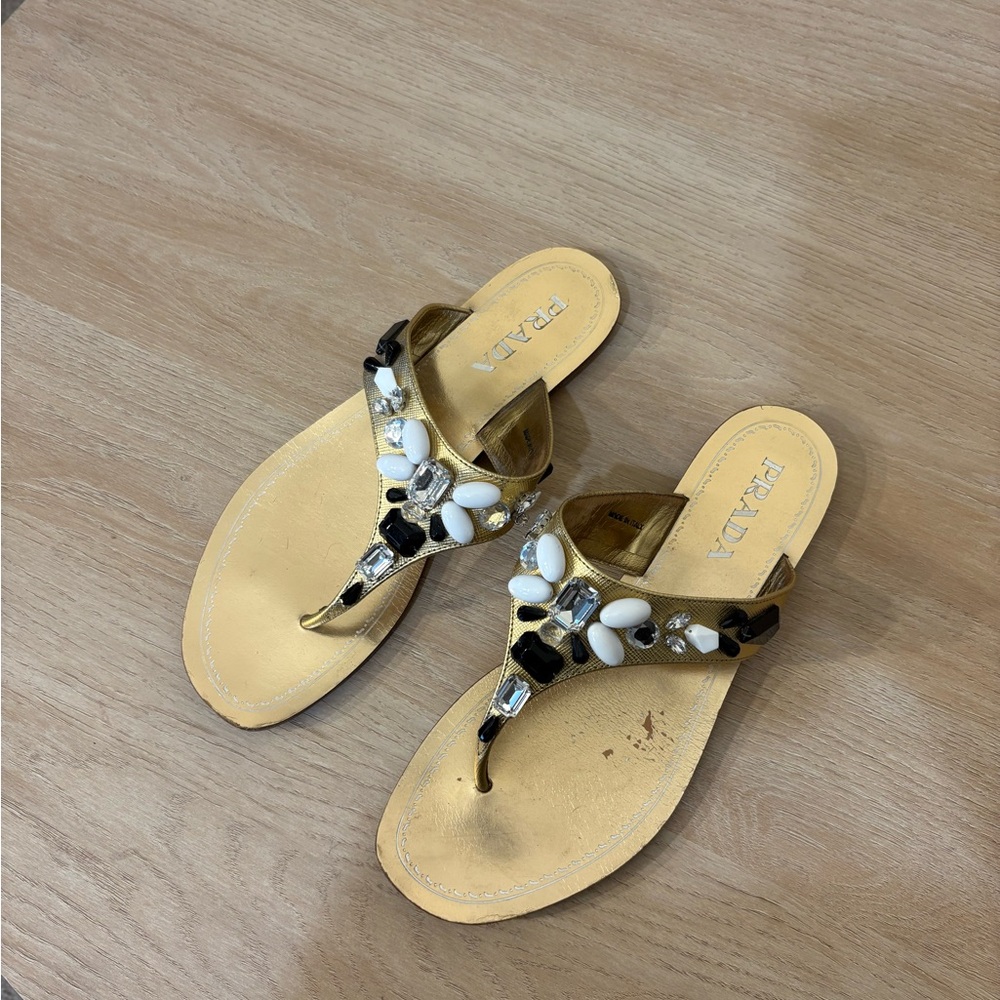 Prada Embellished Gold Women's T-Strap Sandals